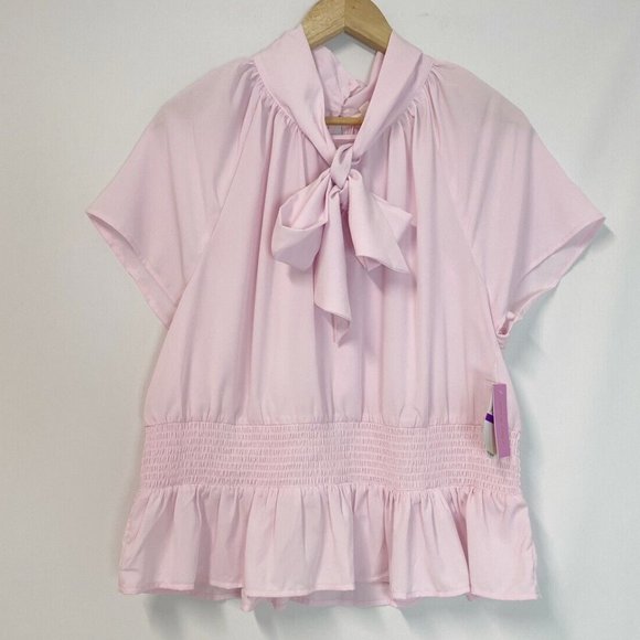 RILEY & RAE Peplum Tie-neck Smocked Waist Blouse Light Pink XXL - Picture 6 of 8
